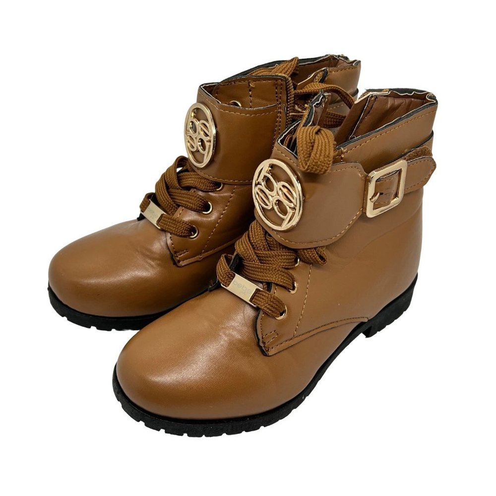 BeBe Girls Brown Combat Boots Booties Gold Toned Size 12